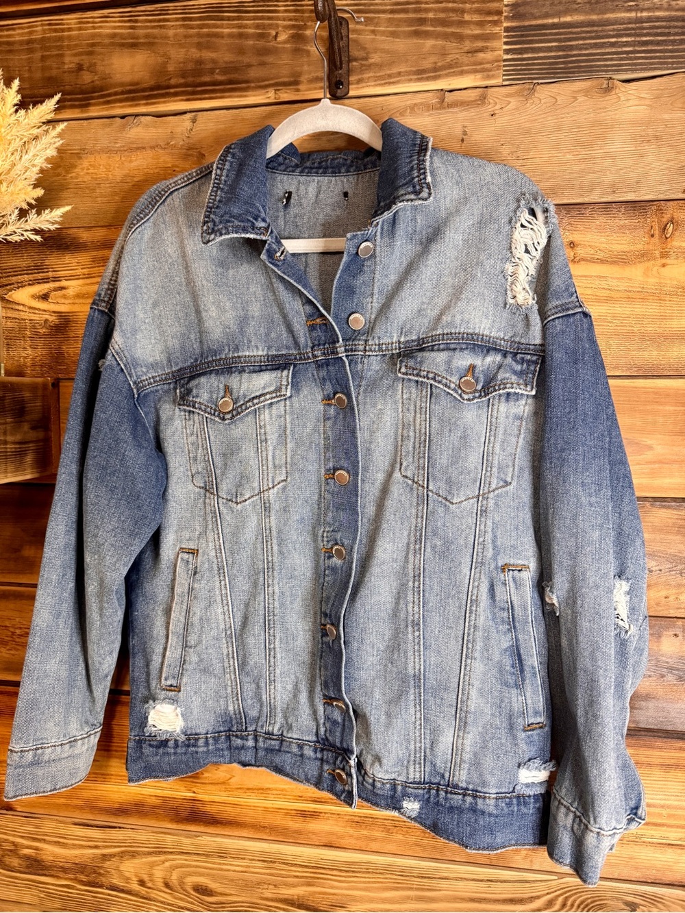 Forever 21 Distressed Blue Denim Jacket - Women Size L/XL - Y2K, 90’s, Vintage